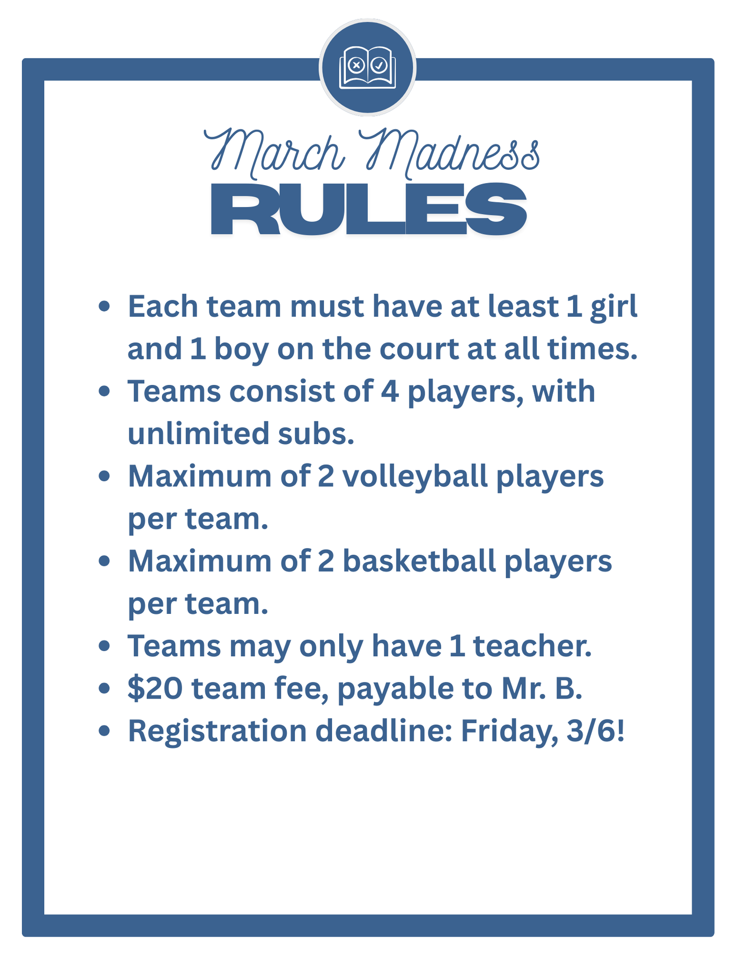 March Madness Team Fee